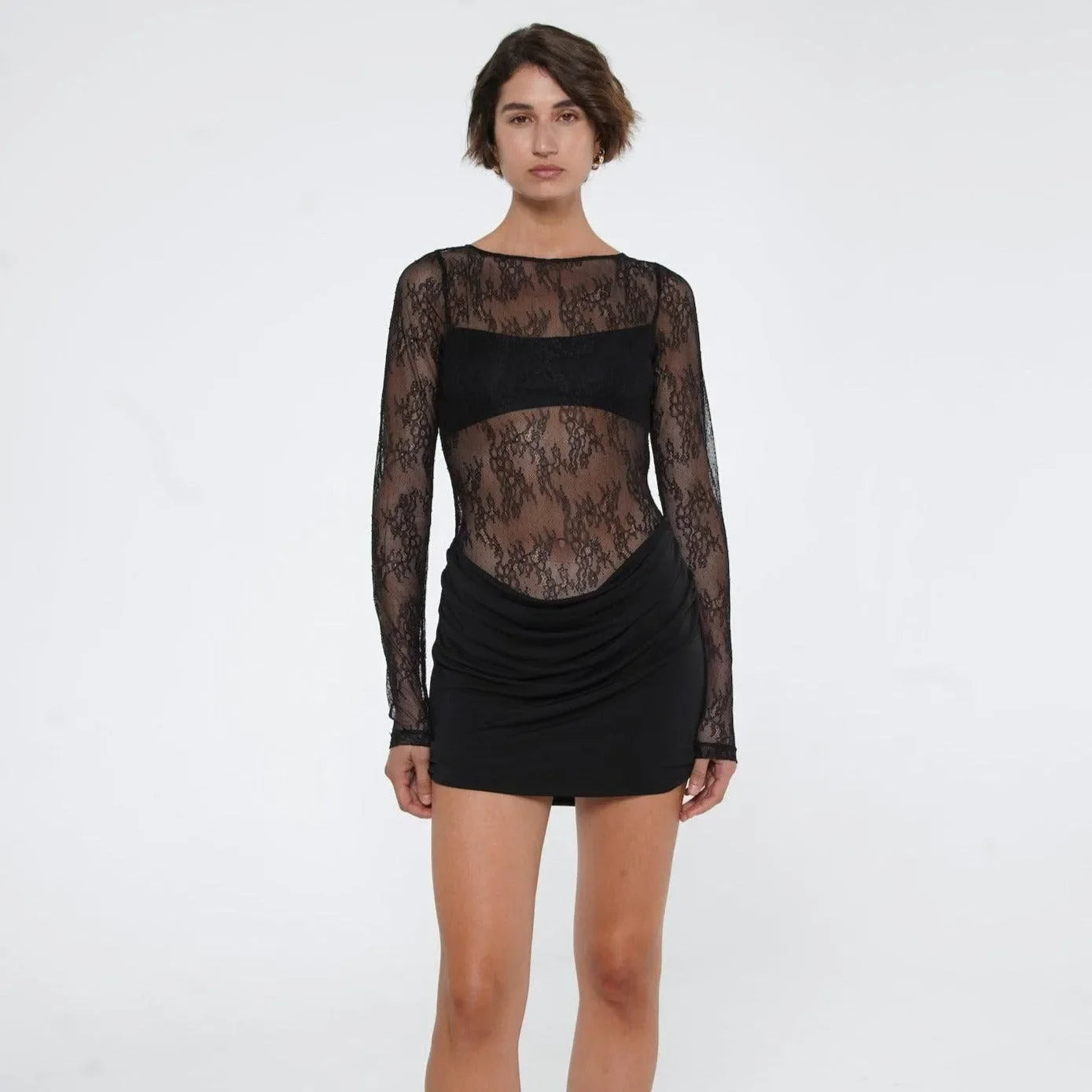 black lace long-sleeve mini dress, party outfit