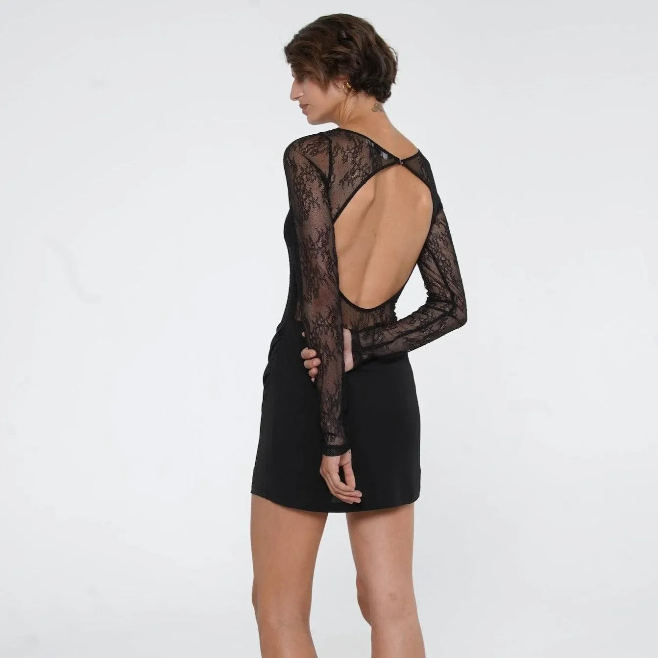 black lace long-sleeve backless mini dress, evening look