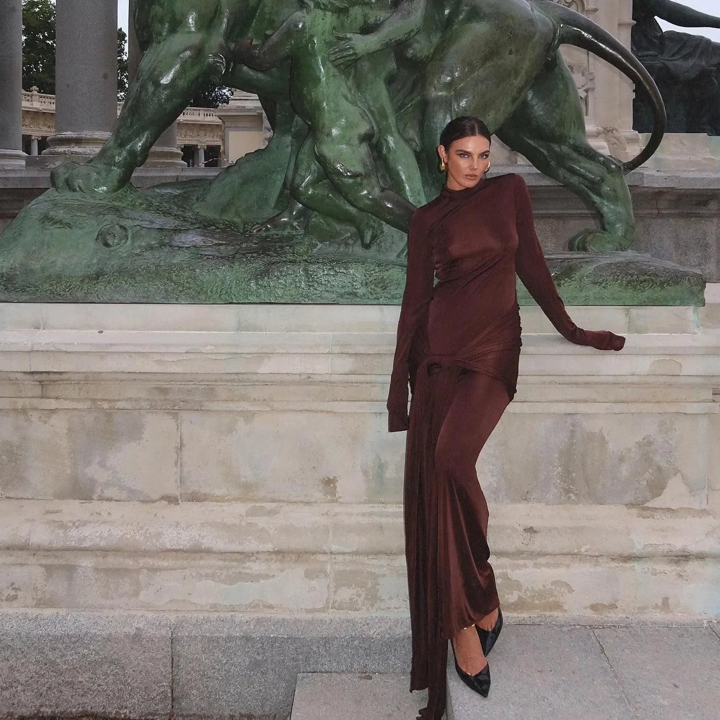 dark velvet long-sleeve maxi dress, evening wear