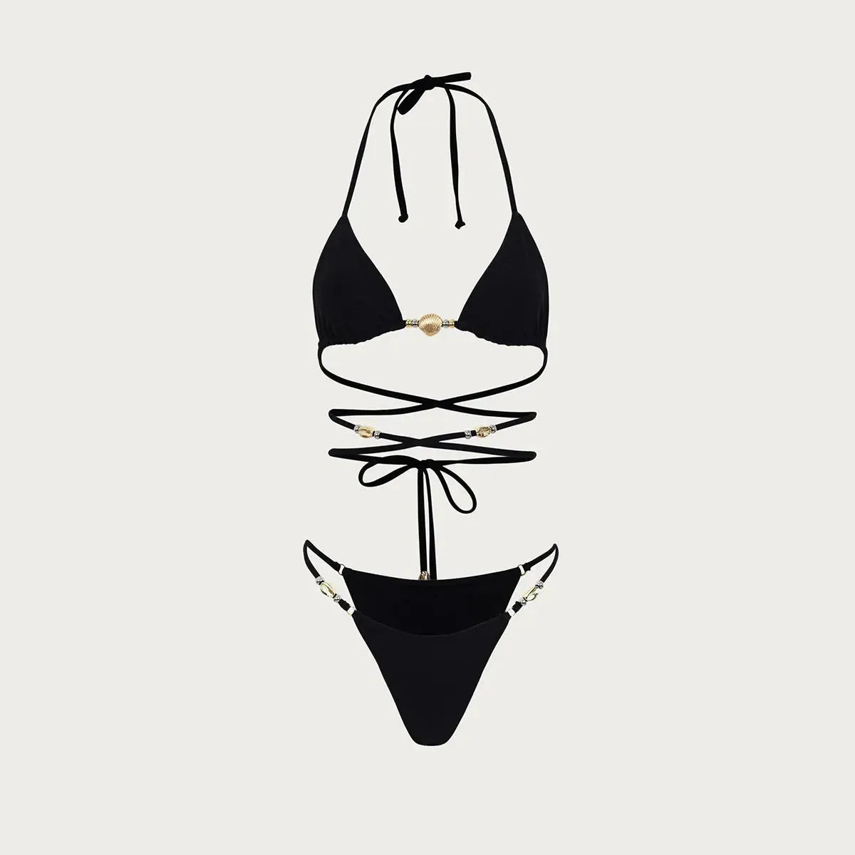 Black wrap-around bikini set with gold accents.