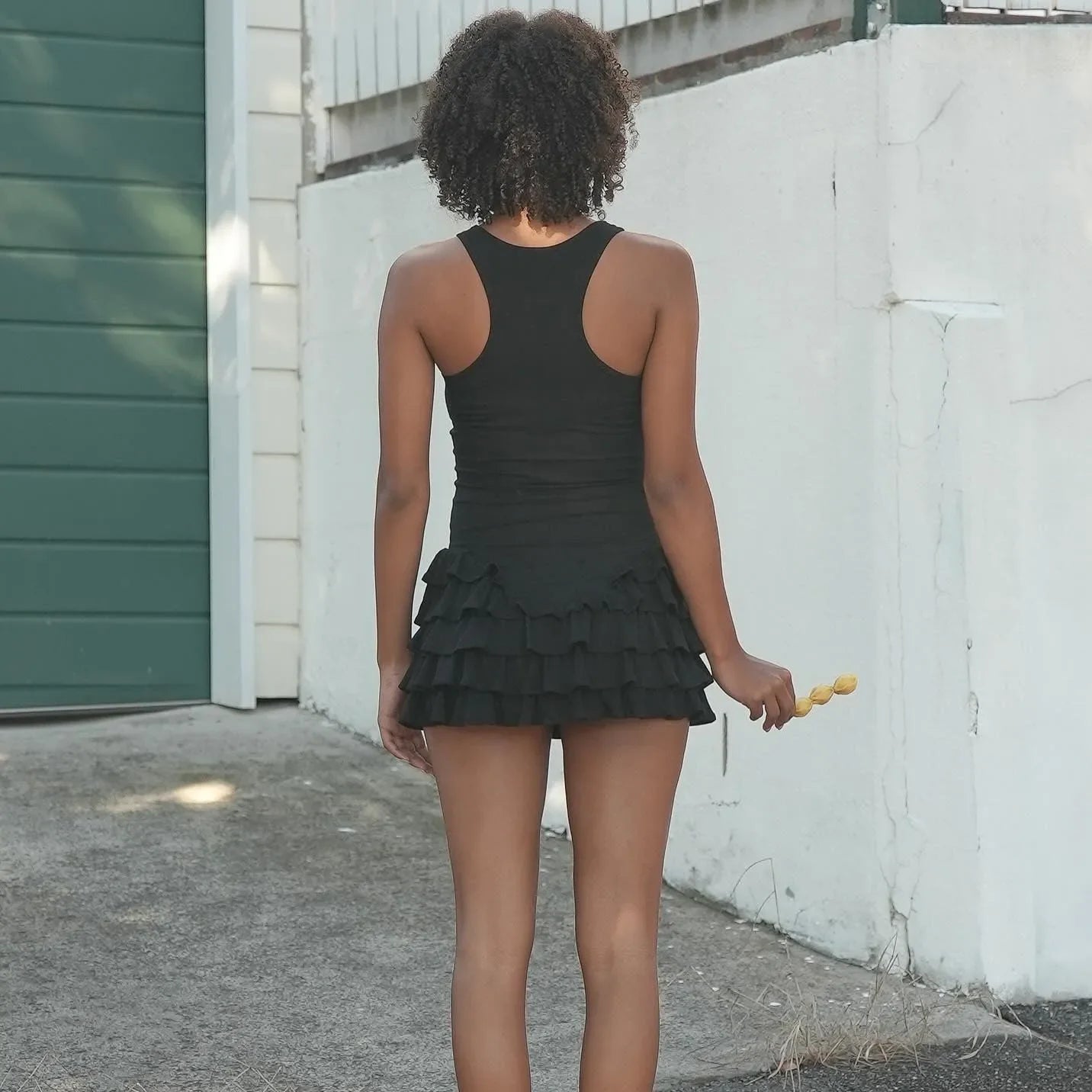 black ruffled mini dress, casual day outfit