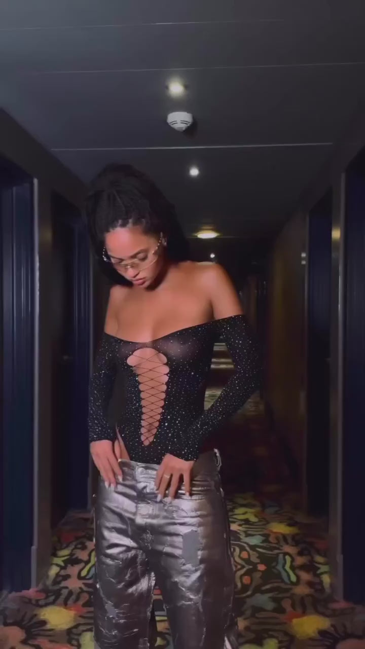 Moonbeam Rhinestone Embellished Black Bodysuit - Mermaid Way Video