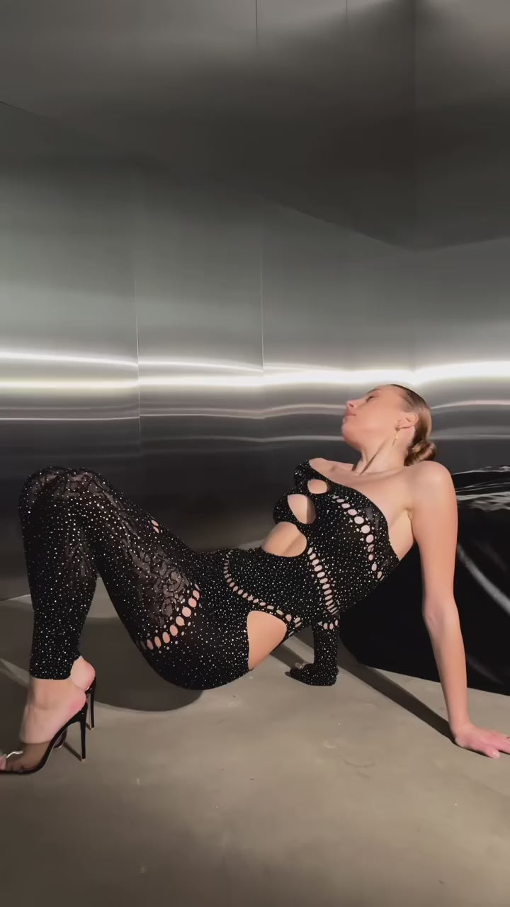 Bad Girl Rhinestone Embellished Black Jumpsuit - Mermaid Way Video