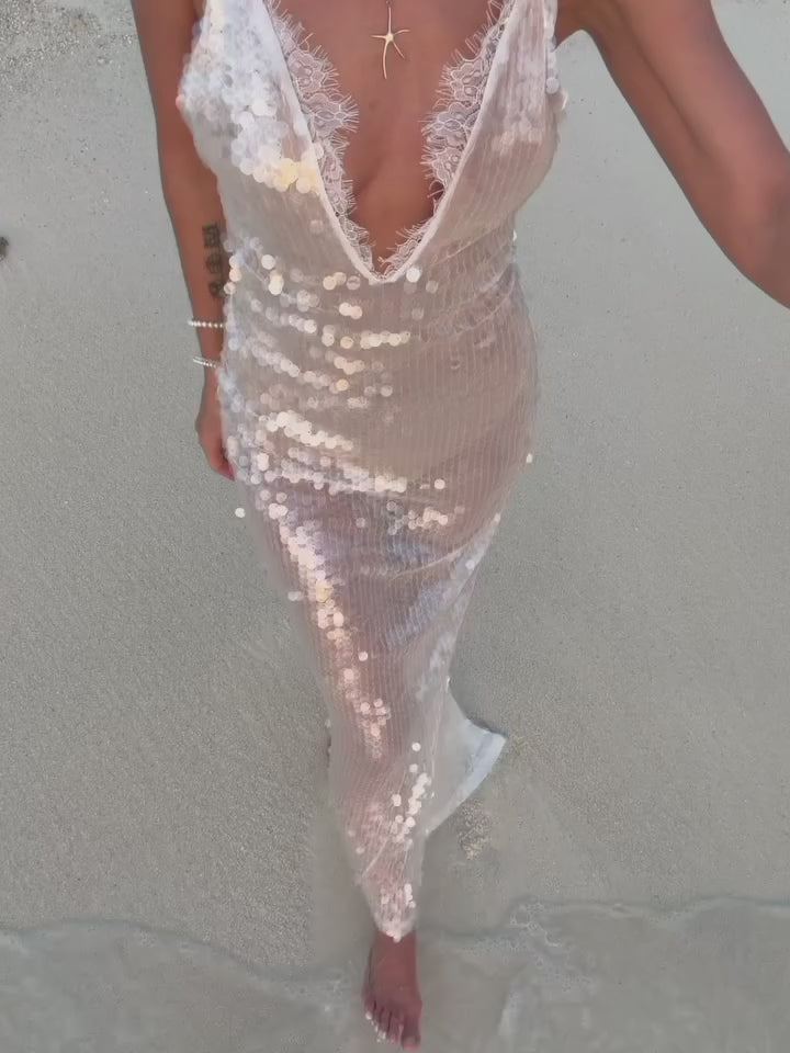white sequin dress maxi Anastelle White Sequin Maxi Dress – Product Video