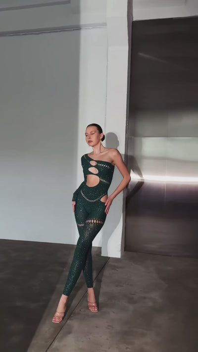 Bad Girl Rhinestone Embellished Dark Green Jumpsuit - Mermaid Way Video