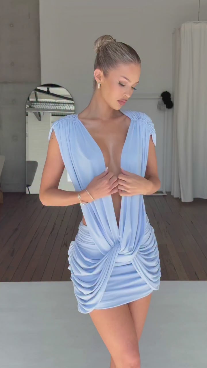 Jolie Blue Draped Plunge Mini Dress-
