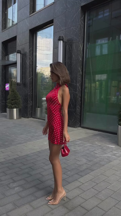 Secret Notes Polka Dot Halter Mini Dress - Red / S - Mermaid Way