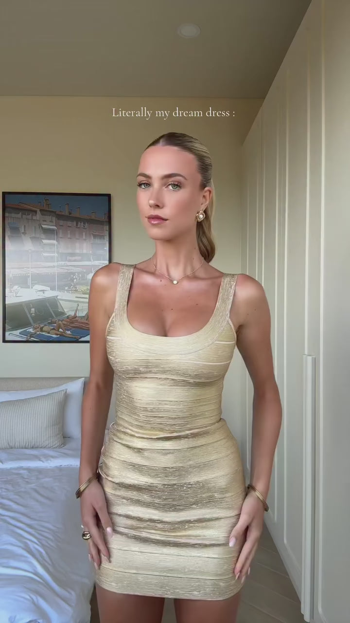 Iconic Angle Gold Metallic Bandage Mini Dress – Product Video