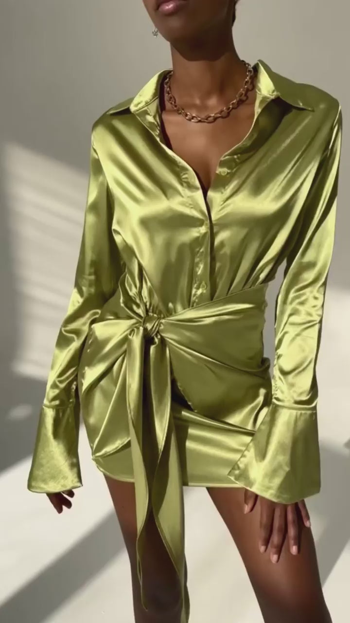Jamaica Green Satin Long Sleeve Mini Dress – Product Video