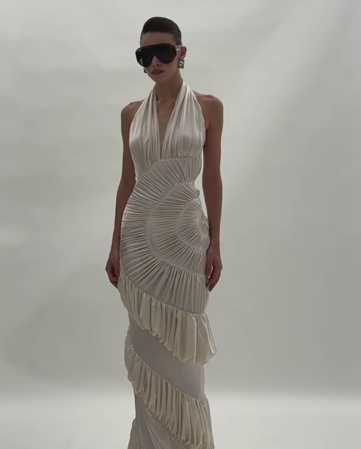 white silk maxi dress Emily MODEL INFO Model is wearing size S Height Innocence Ivory Sculpted Silk Halter