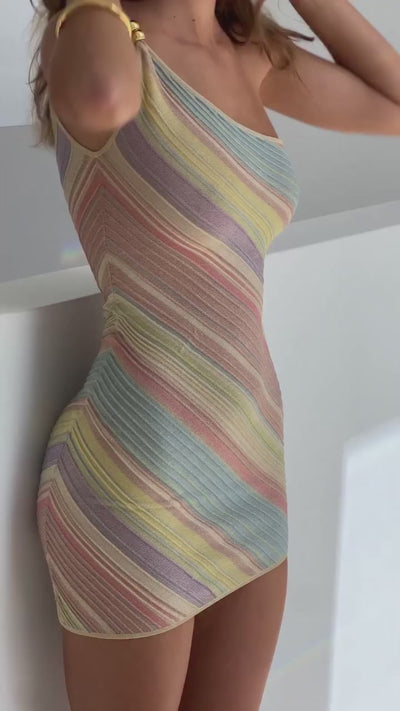 Dream Waves One Shoulder Mini Dress - Rainbow / S - Mermaid Way