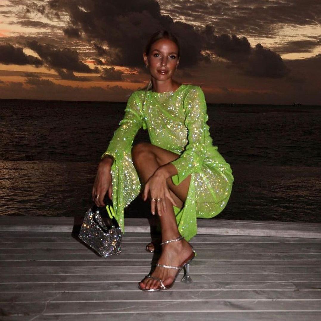 Rainbow Diamond Dusk Rhinestone Midi Dress - Hot Pink / XS - Mermaid Way