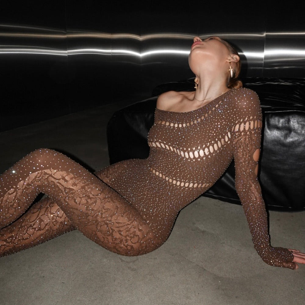 Perfectly Imperfect Rhinestone Embellished Brown Jumpsuit