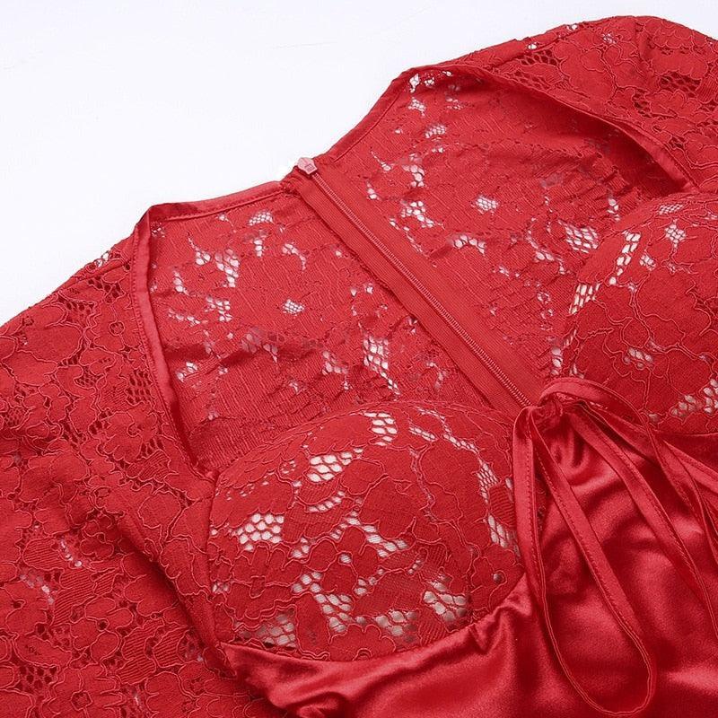Red Dahlia Satin and Lace Mini Dress - Long Sleeve, Elegant Fit Red / M Red Dahlia Satin and Lace Mini Dress - Long Sleeve, Elegant Fit Red / M
