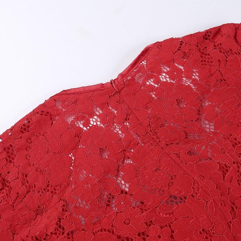 Red Dahlia Satin and Lace Mini Dress - Long Sleeve, Elegant Fit Red / M Red Dahlia Satin and Lace Mini Dress - Long Sleeve, Elegant Fit Red / M