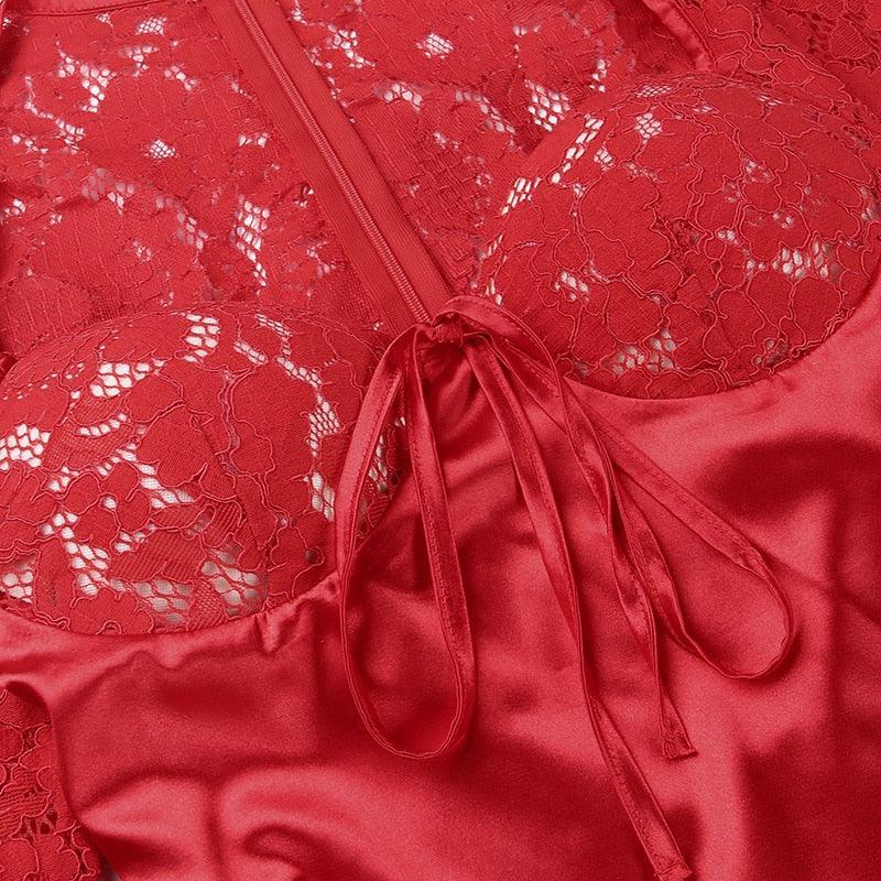 Red Dahlia Satin and Lace Mini Dress - Long Sleeve, Elegant Fit Red / M Red Dahlia Satin and Lace Mini Dress - Long Sleeve, Elegant Fit Red / M