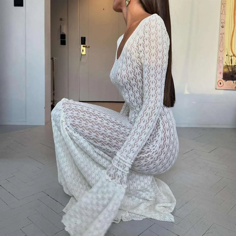 Reve Crochet Flare Sleeve Maxi Dress in Ivory