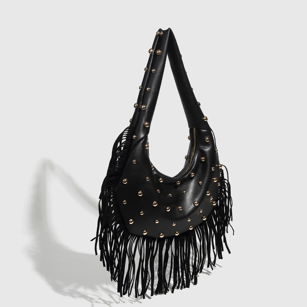 black fringed hobo bag with gold studs