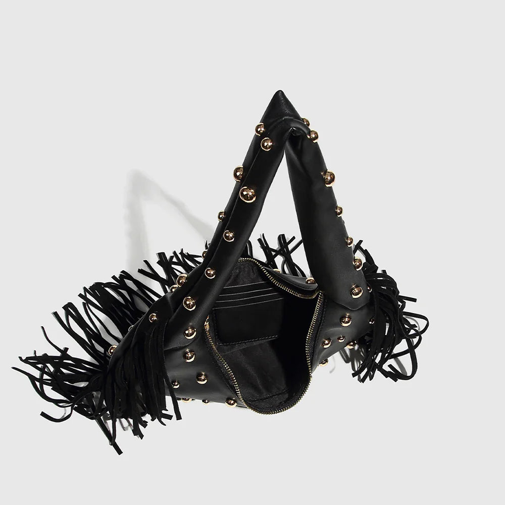 black studded bag with fringe detailing