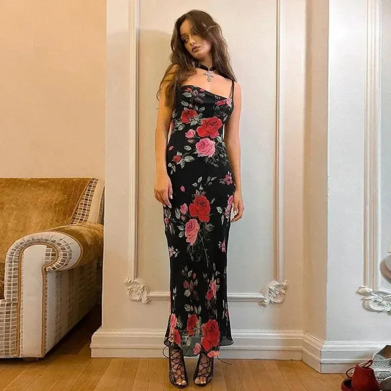 floral print maxi dress with spaghetti straps, evening wear