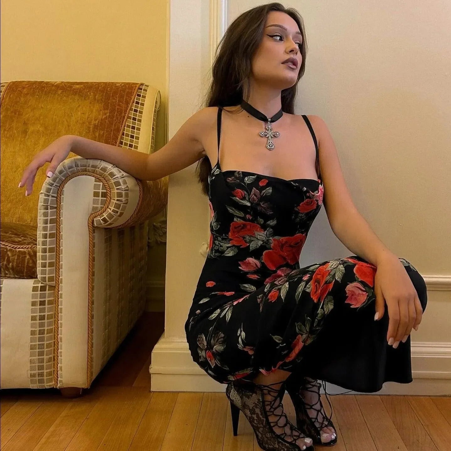 floral print midi dress with lace-up heels, evening look