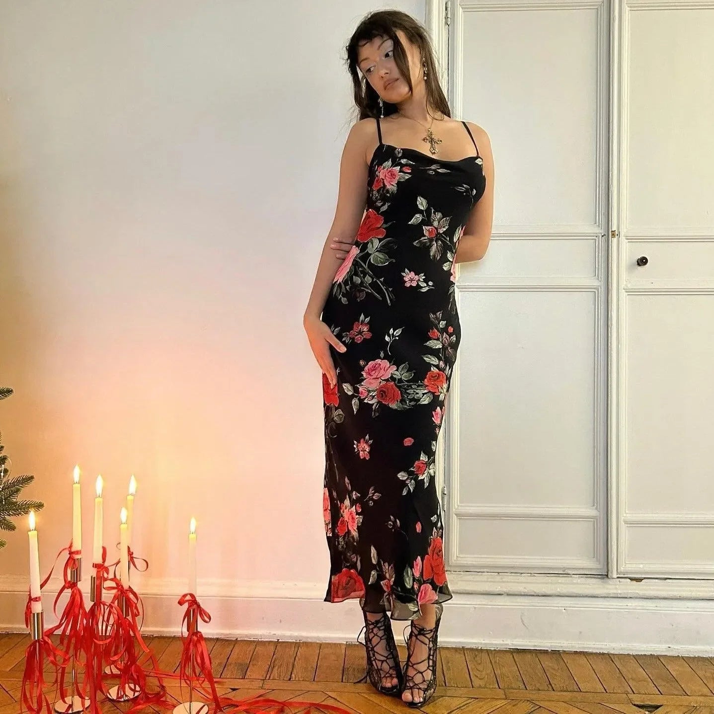floral print midi dress with spaghetti straps, evening look