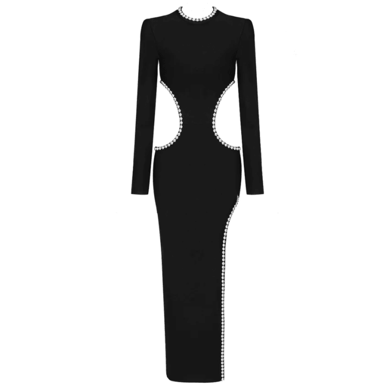 black long-sleeve maxi dress with crystal embellishments, evening wear
