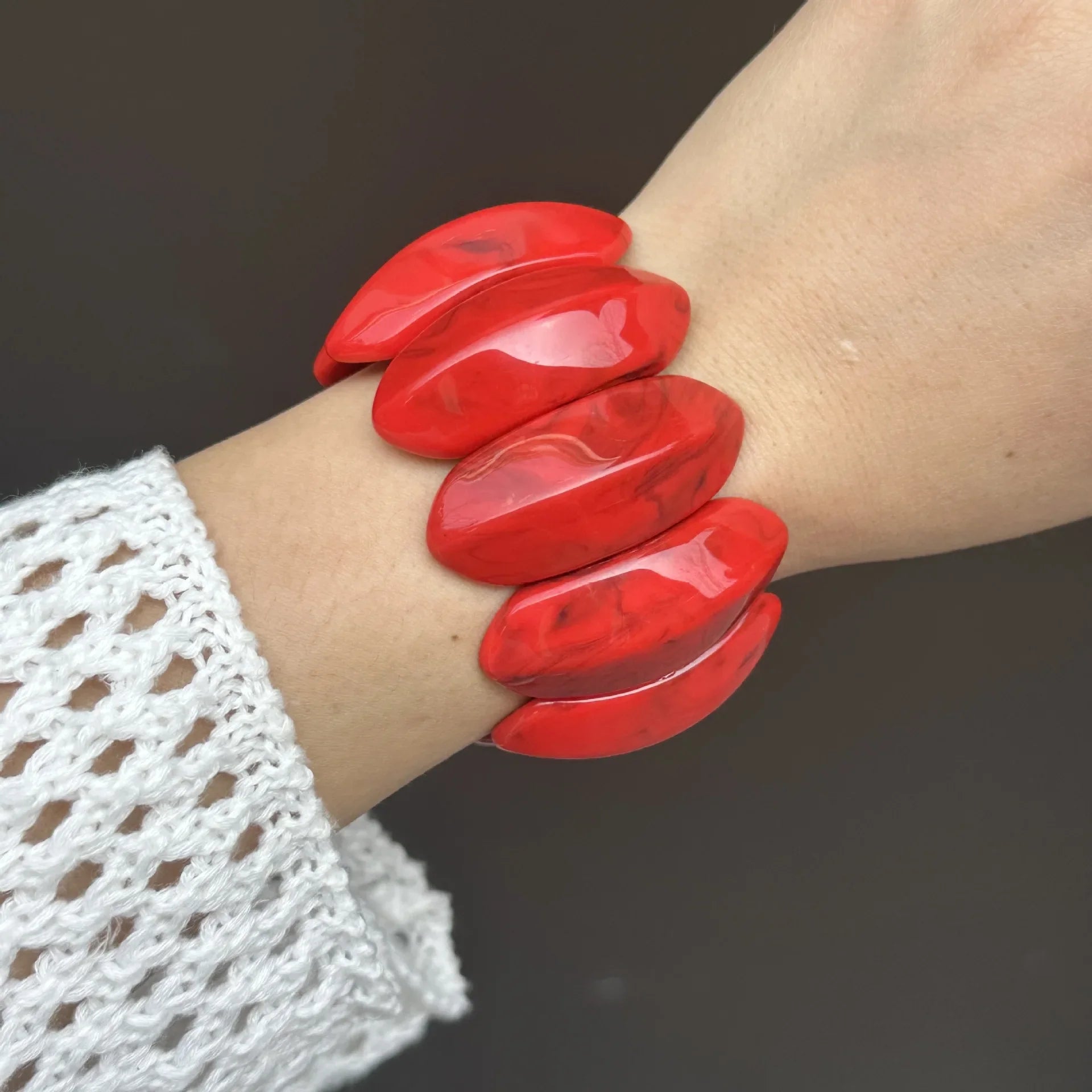 chunky red bracelet with oval beads, statement accessory