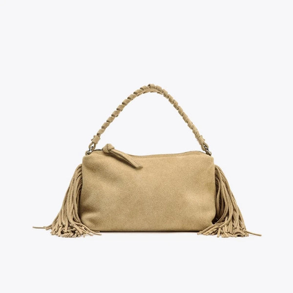 suede handbag with fringe detailing