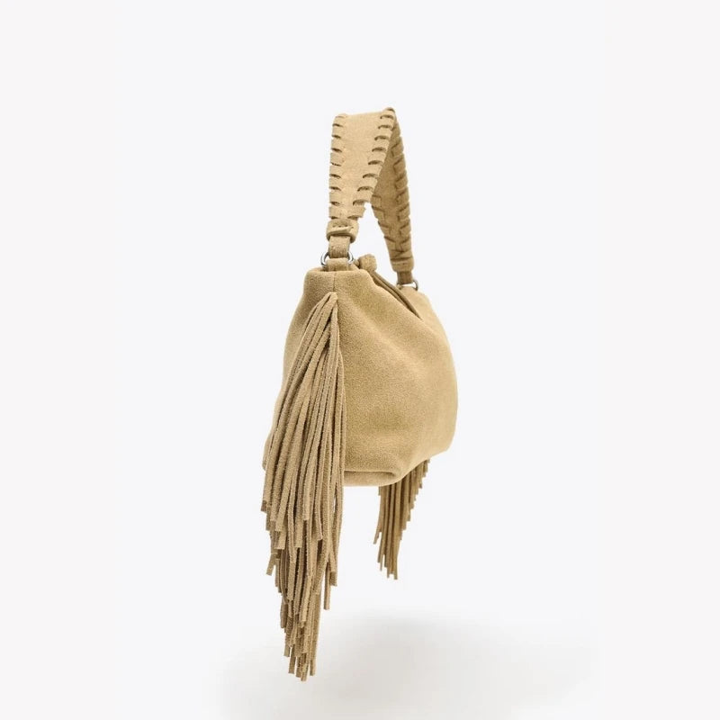 Sandra Suede Fringed Bag - Beige - Mermaid Way
