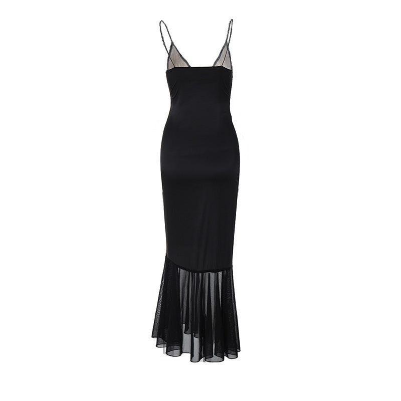 black mesh maxi dress with sheer hem, evening wear
