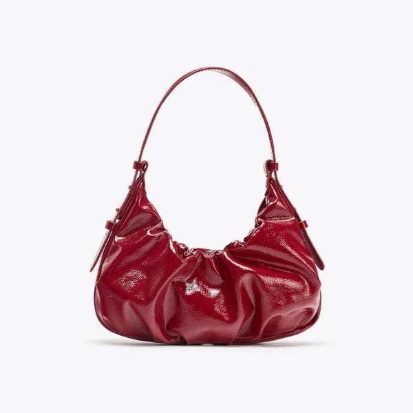 glossy red ruched handbag, evening accessory