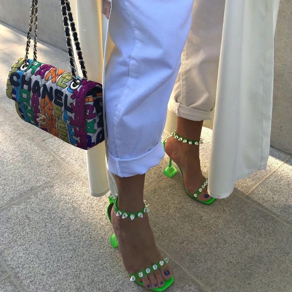 crystal heels with transparent straps, party look