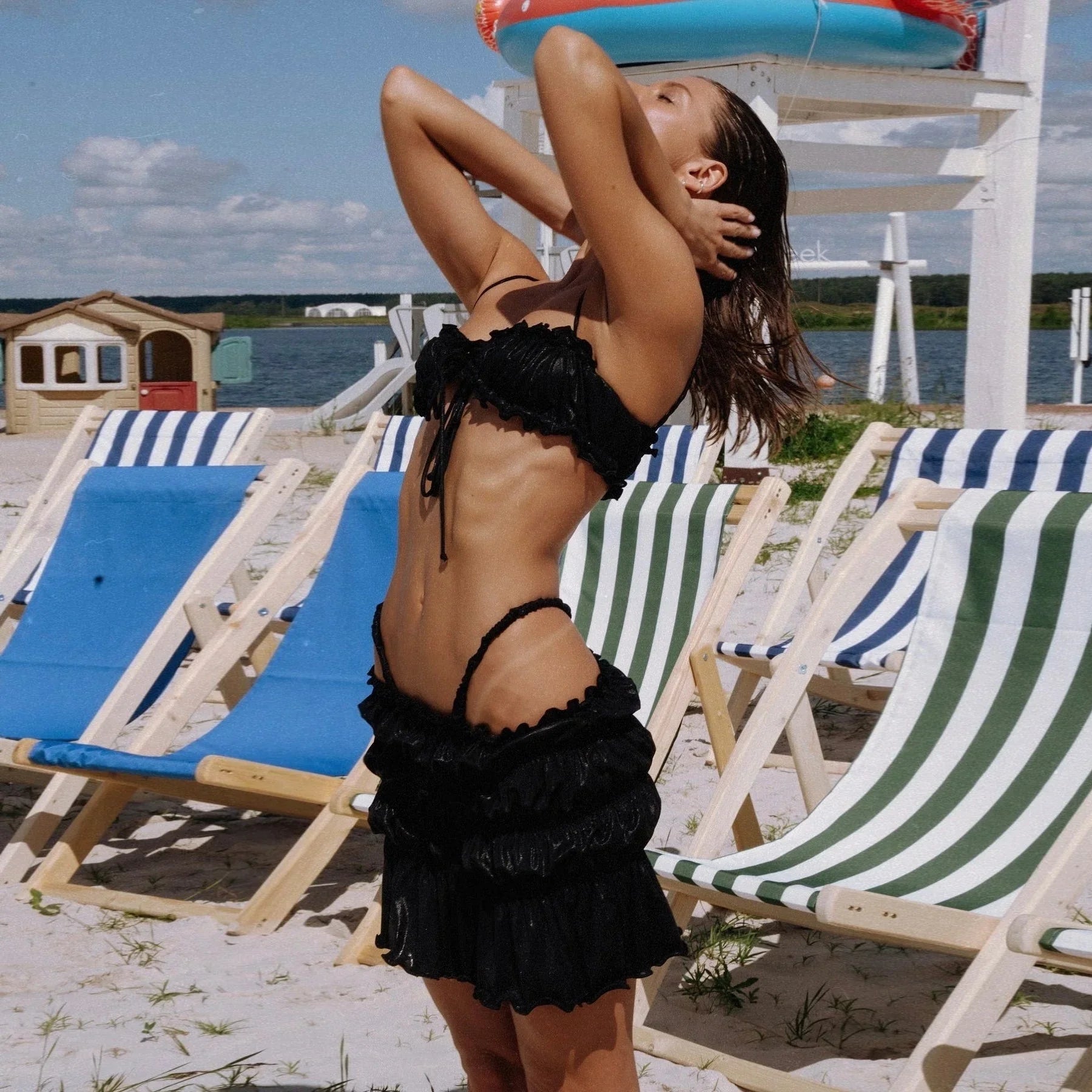 black ruched bikini set with ruffle details, beachwear style