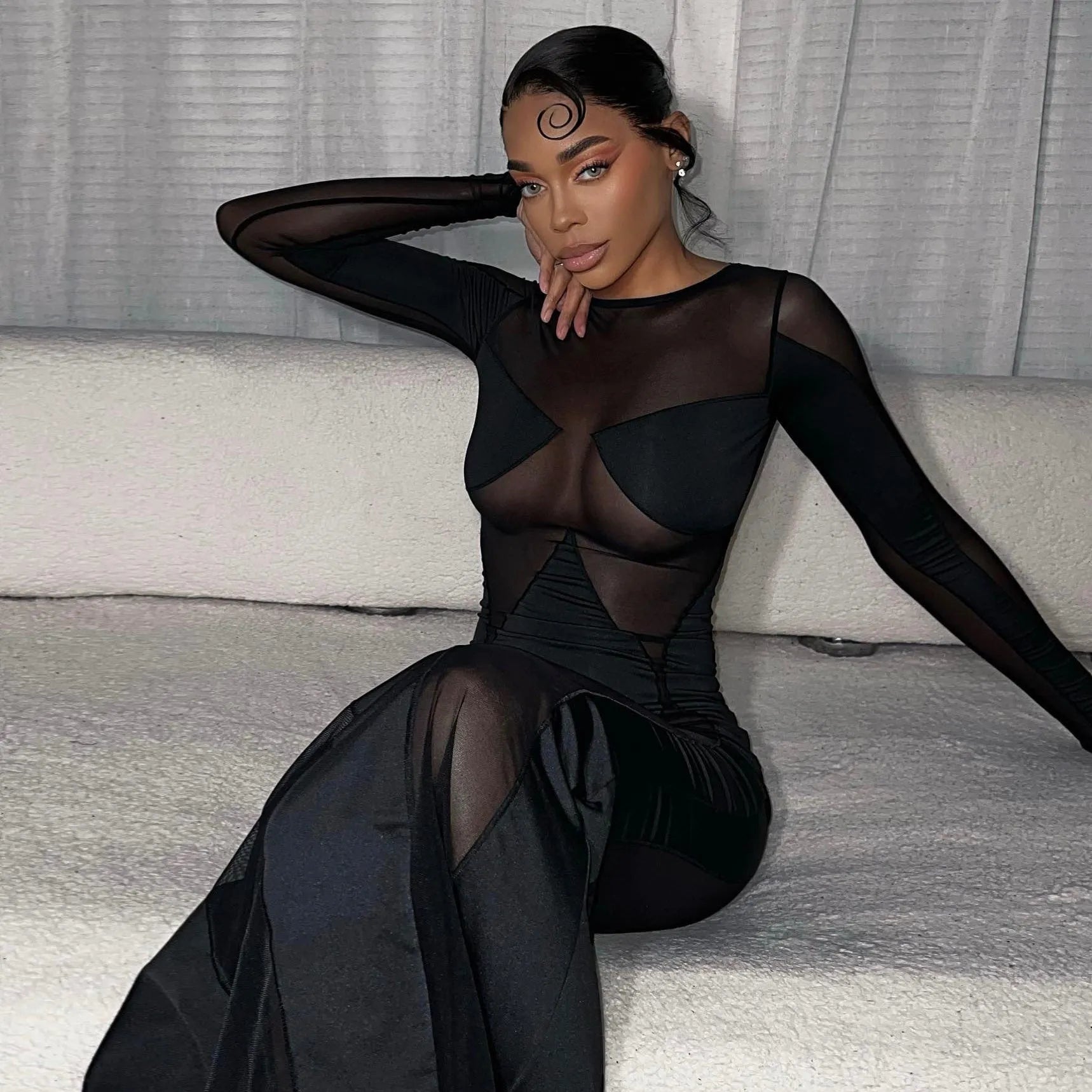 black mesh long-sleeve dress with opaque panels, evening look