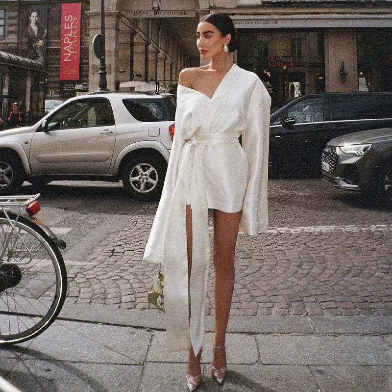Silk Nights Long Sleeve Satin Mini Dress Mermaid Way Ivory / M Silk Nights Long Sleeve Satin Mini Dress Mermaid Way Ivory / M
