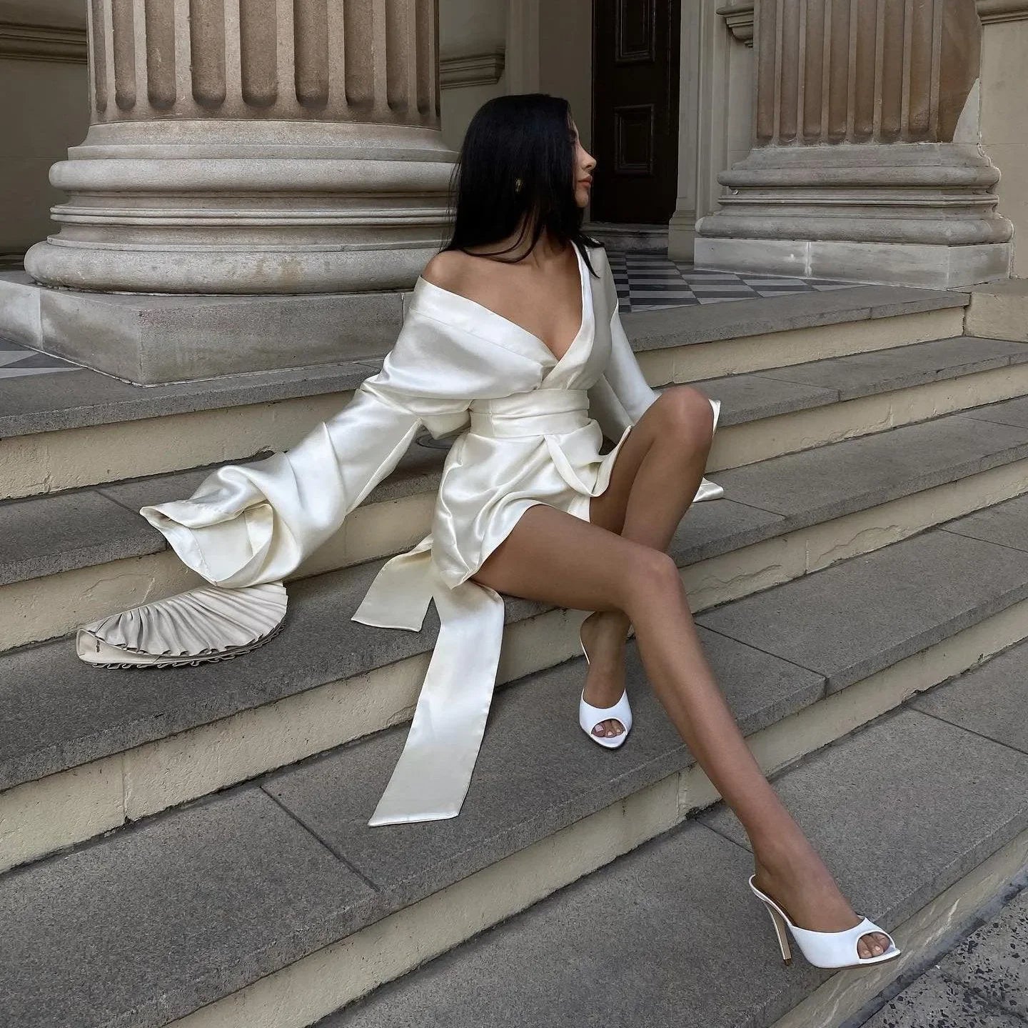 Silk Nights Long Sleeve Satin Mini Dress Mermaid Way Ivory / M Silk Nights Long Sleeve Satin Mini Dress Mermaid Way Ivory / M