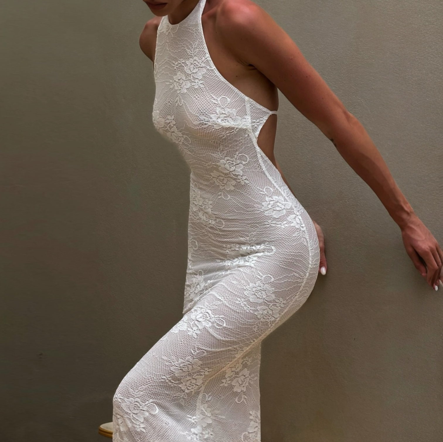 Soraya Sheer Lace Halter Maxi Dress Mermaid Way