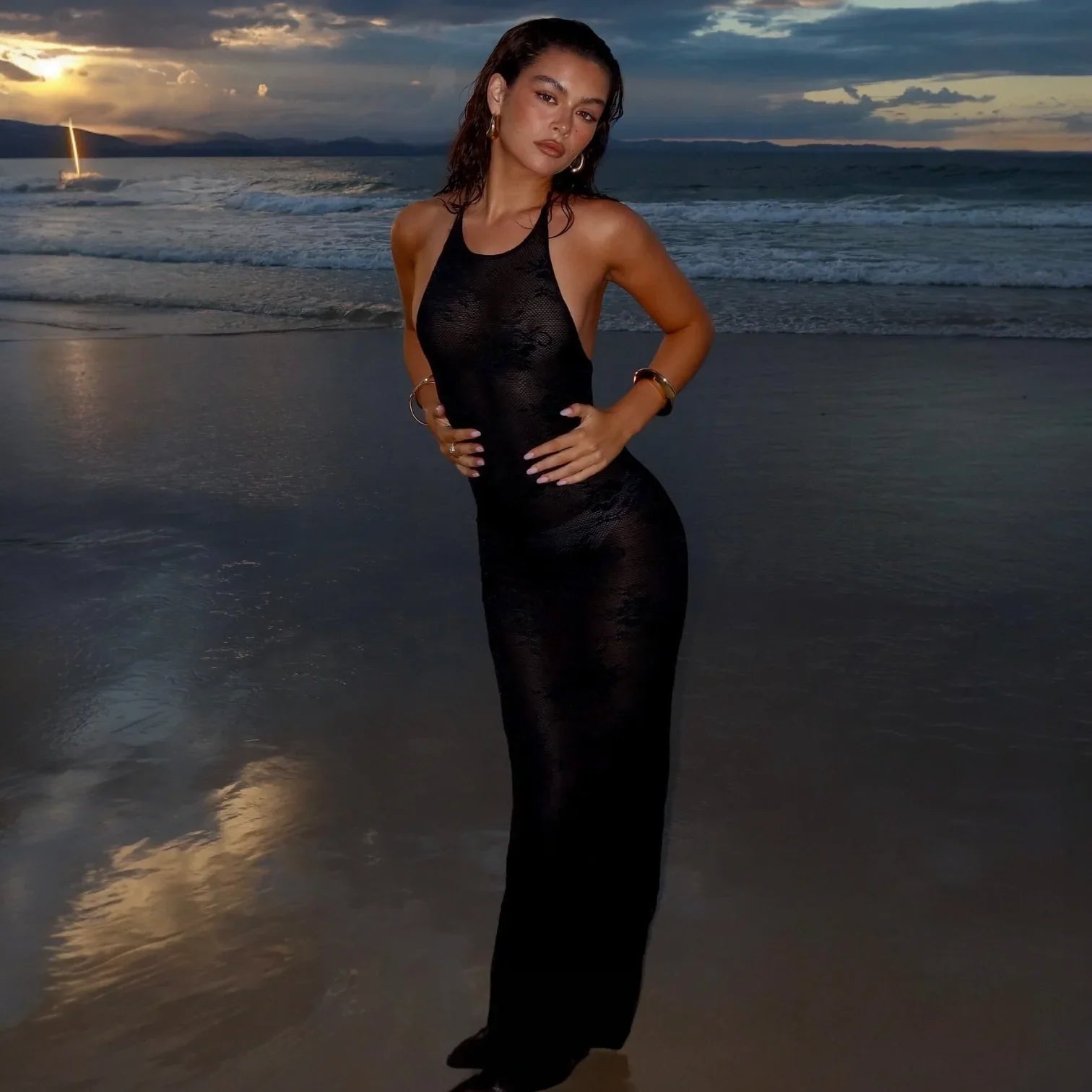 Soraya Sheer Lace Halter Maxi Dress - Black / S - Mermaid Way