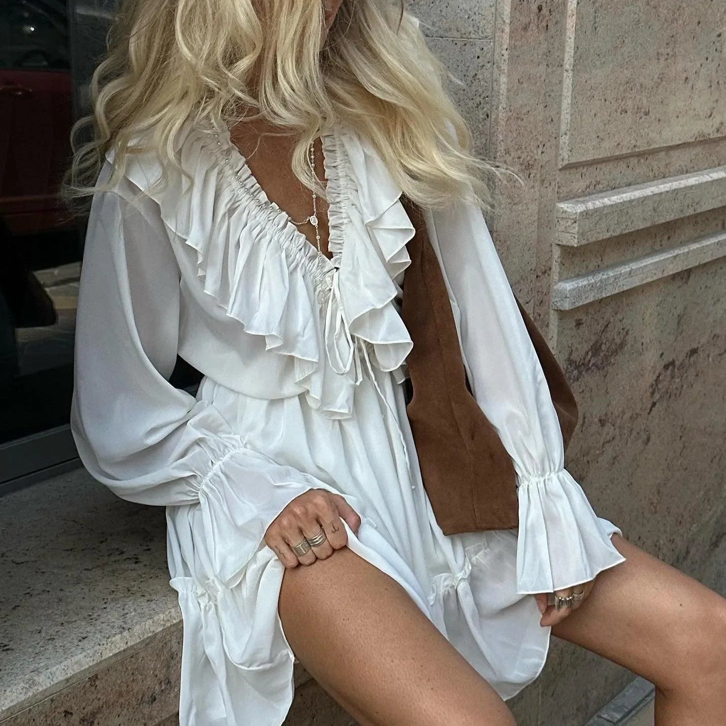 Sharon V-neck Ruffle Mini Dress-Sunfere, White L Sharon V-neck Ruffle Mini Dress-Sunfere, White L