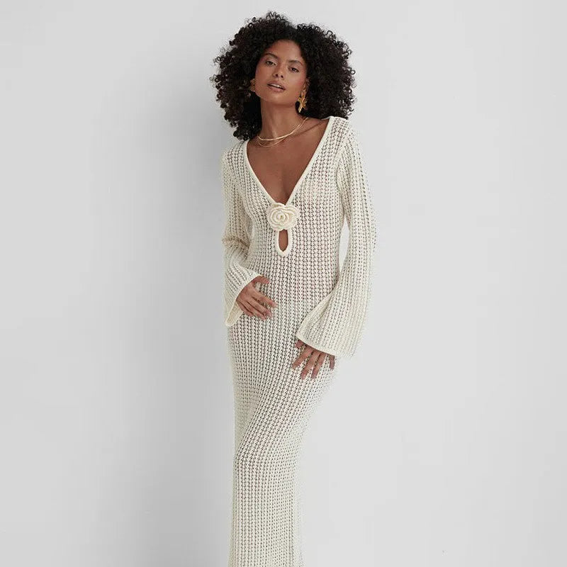 crochet maxi dress with deep v-neck and bell sleeves, evening wear