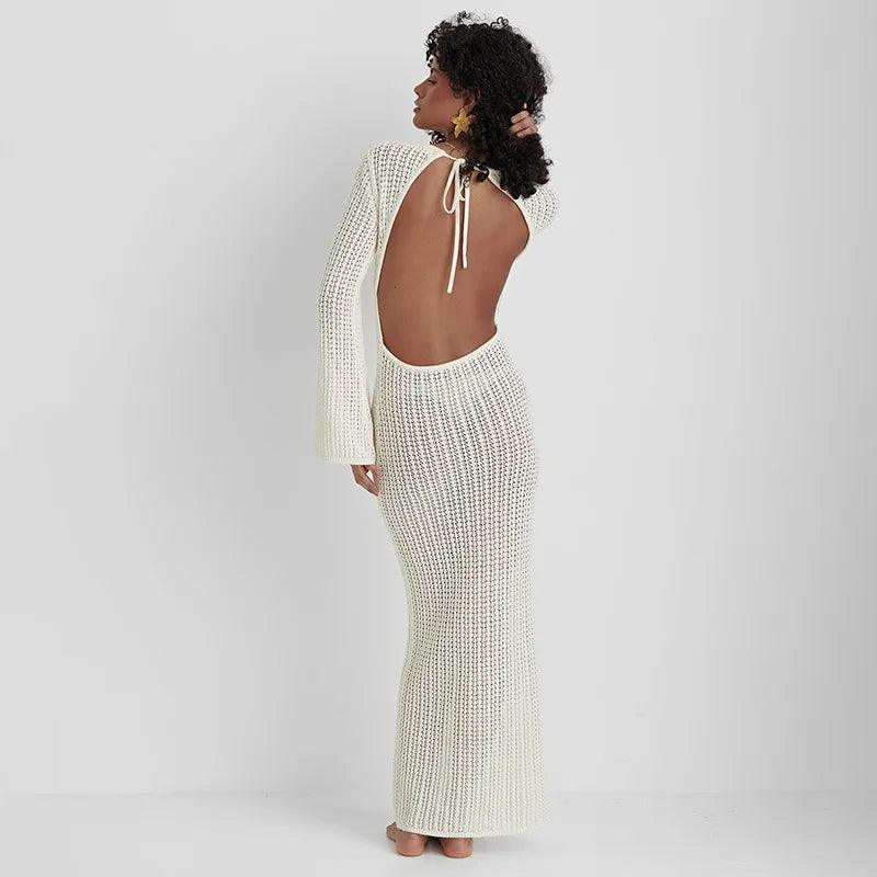 crochet backless maxi dress, elegant evening style