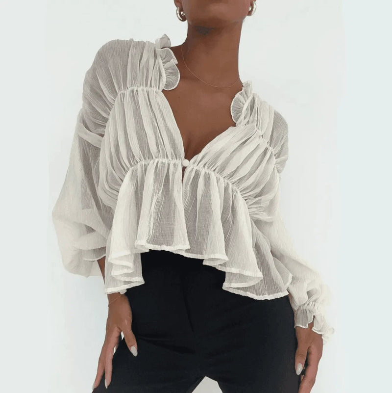 Ivory Semi-Sheer Long Sleeve Top with Ruffle Neck