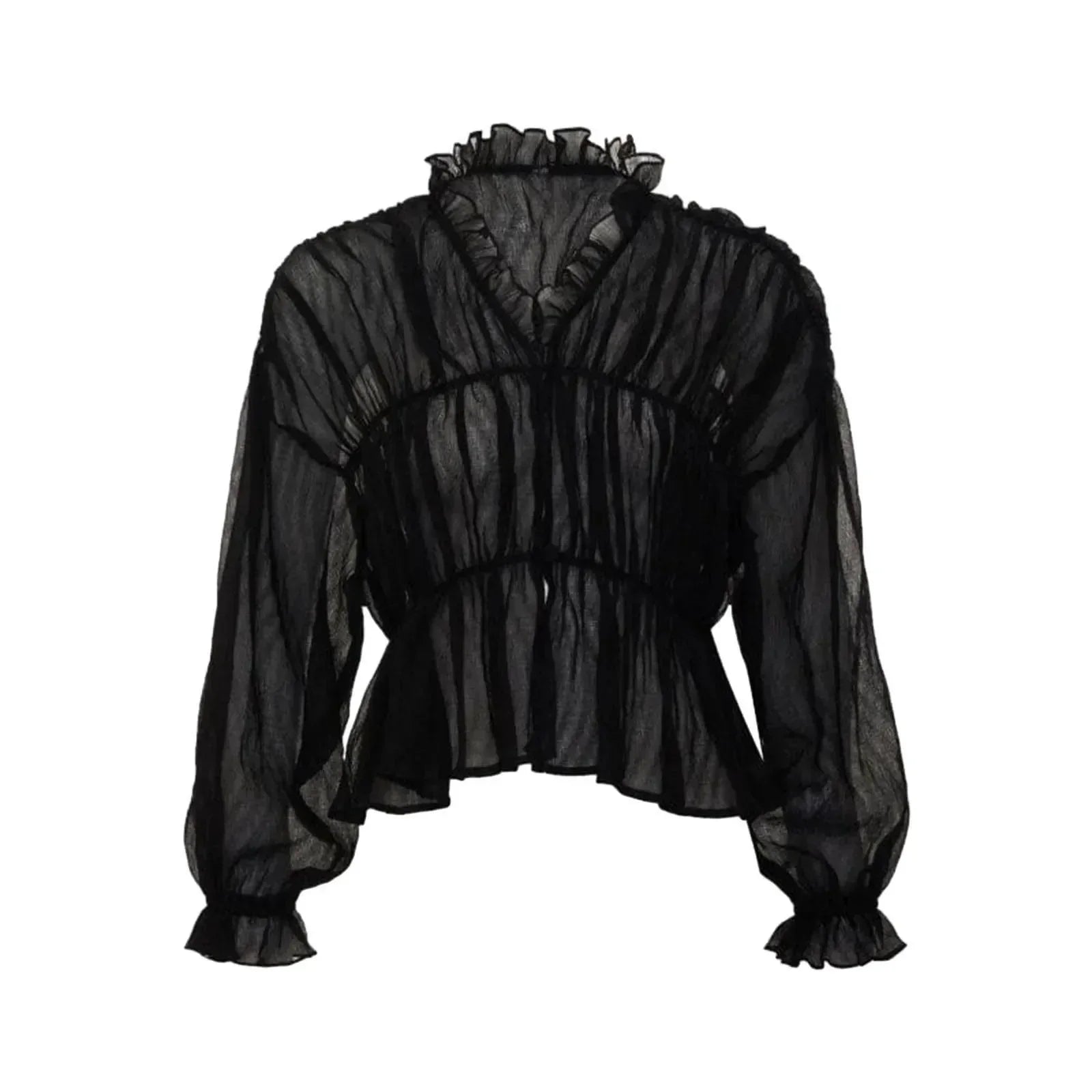 Sheer black long sleeve top with ruffled neckline and cuffs, styled with a fitted look and gathered waist. Perfect for...