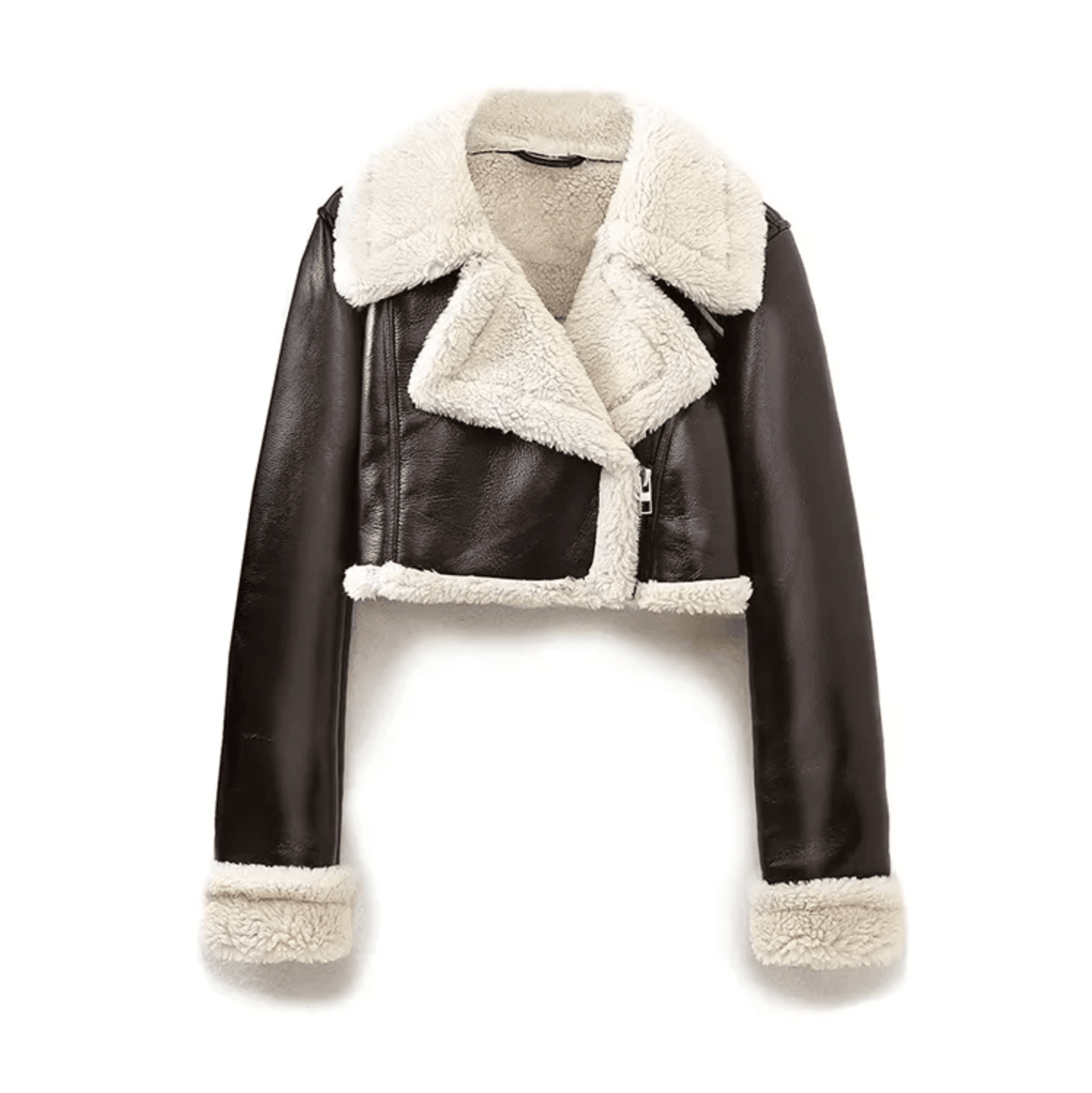 cropped leather jacket with shearling trim, casual wear