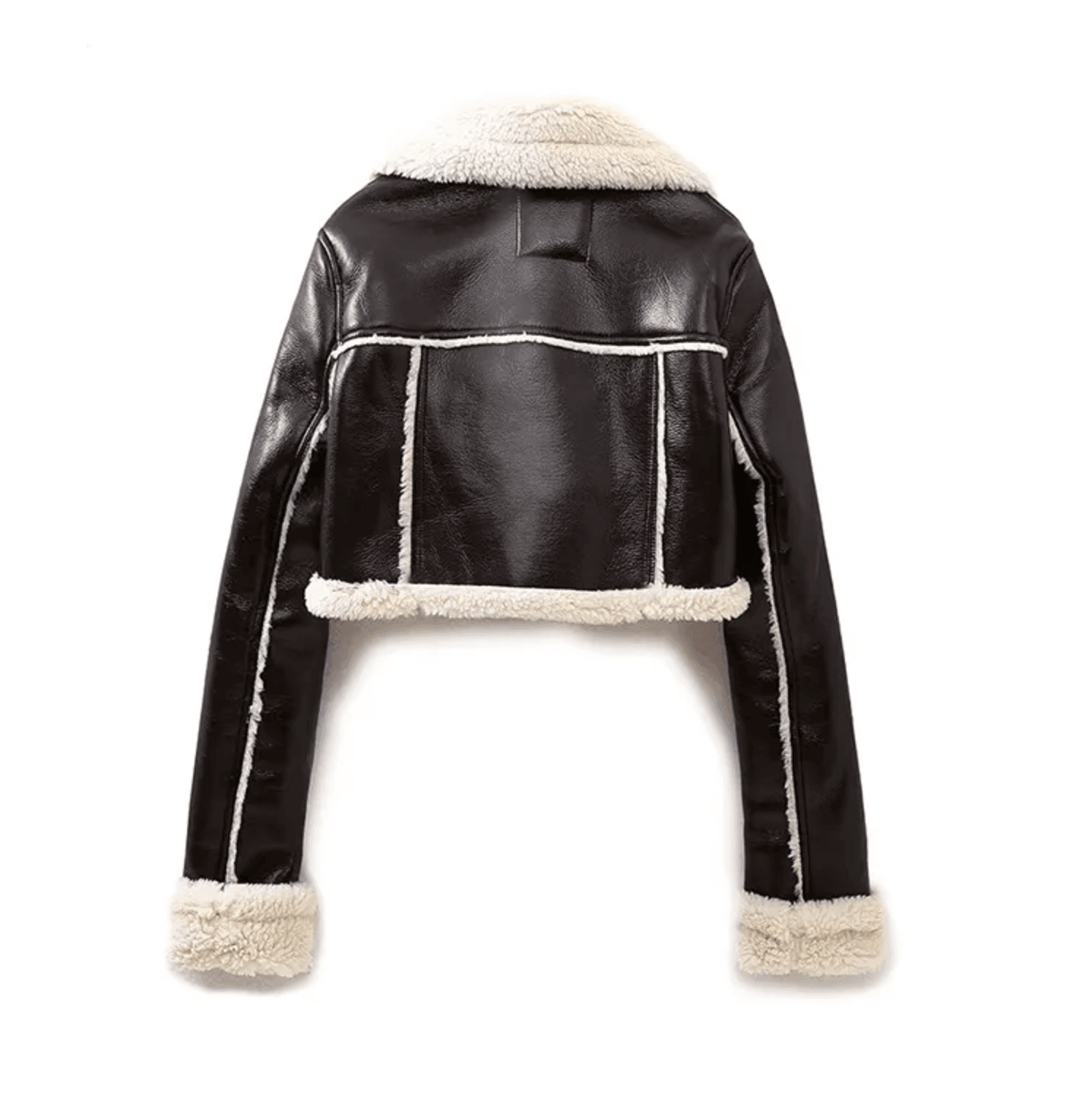 Cropped faux leather jacket with shearling trim