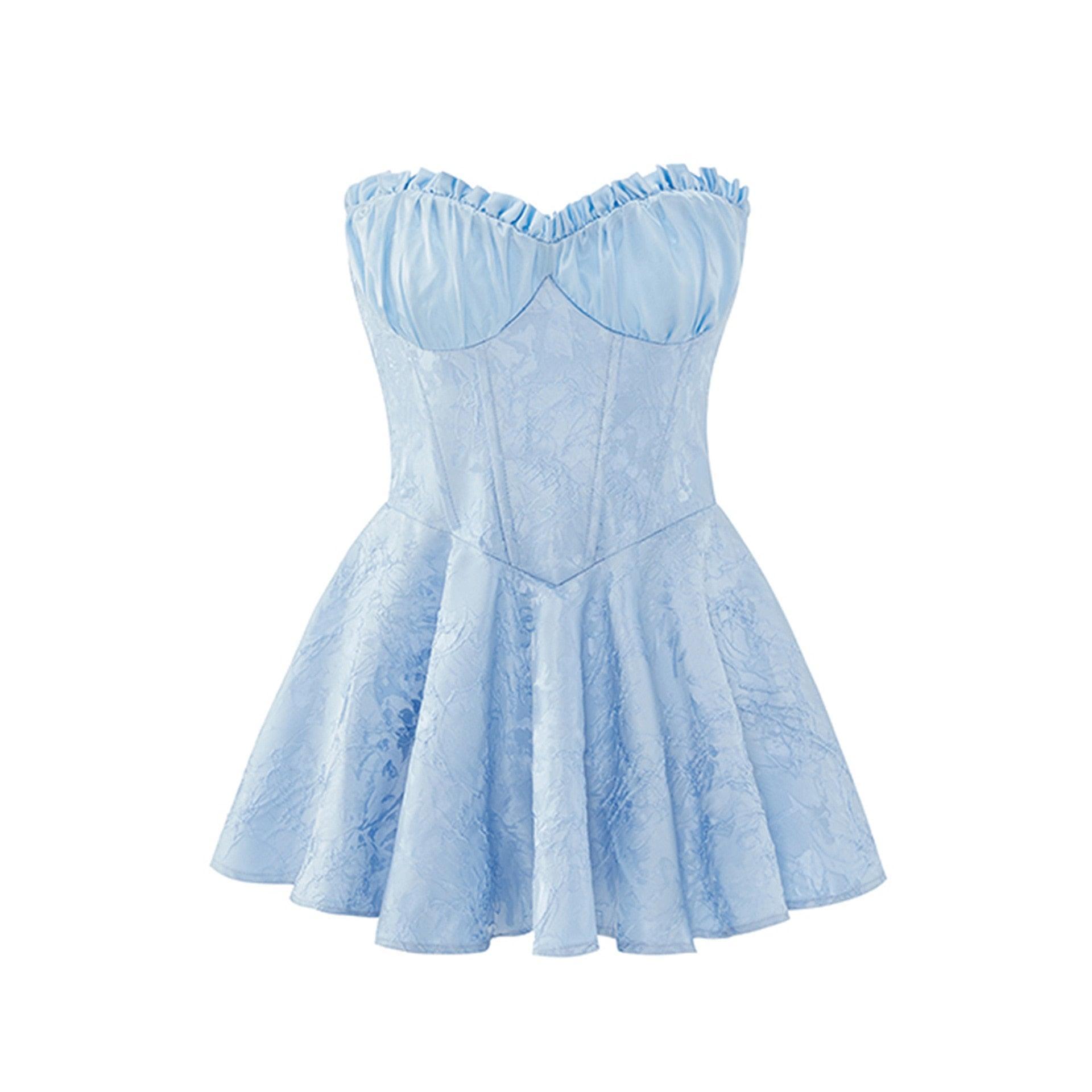 blue lace strapless skater dress, party outfit