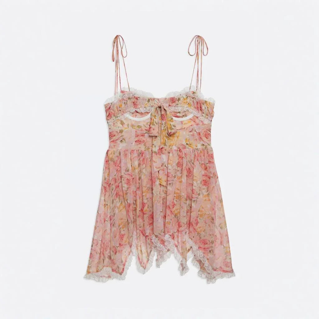 floral lace-trimmed mesh camisole top with tie straps, summer look