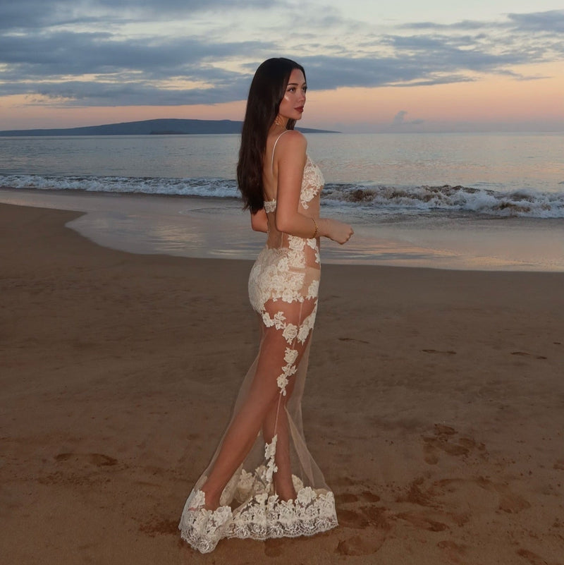 white lace and mesh dress Te Amo Lace Mesh White Maxi Dress