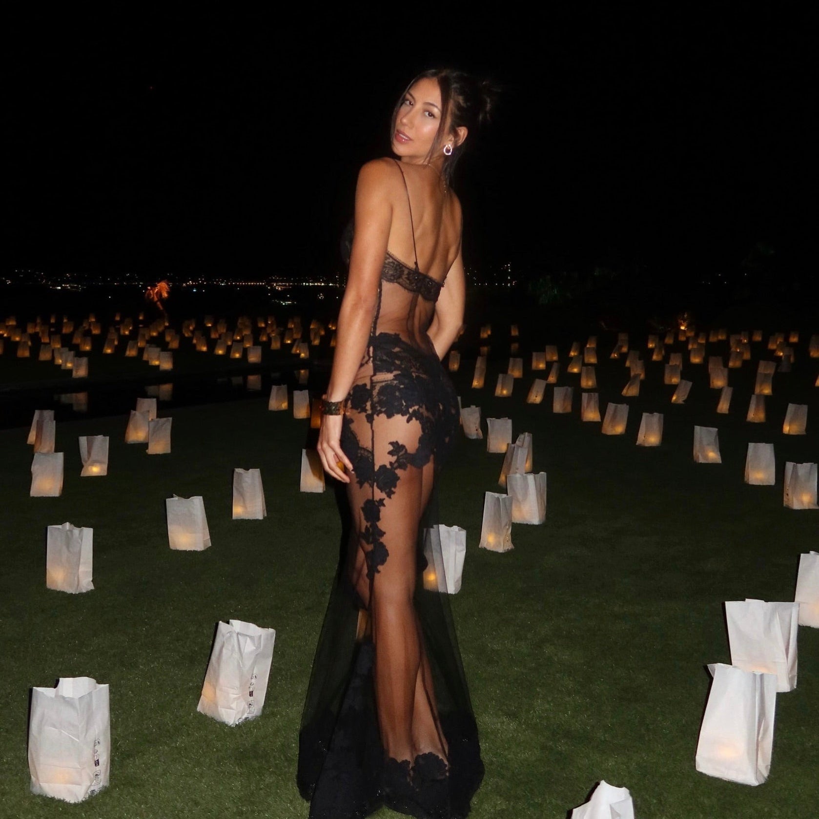 black lace and mesh backless gown, evening look